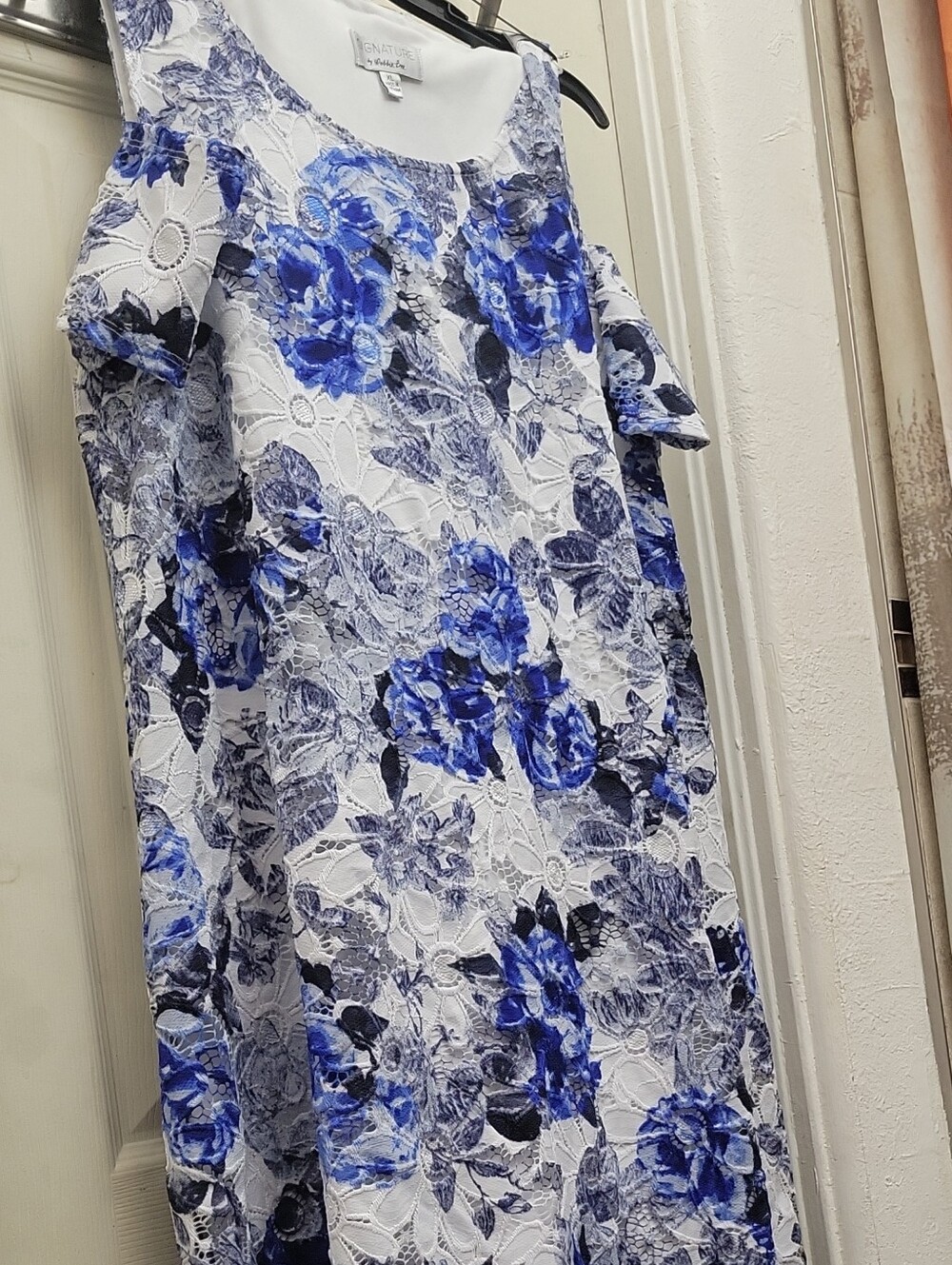 Signature by Robbie Bee White Dress with Blue Floral Lace